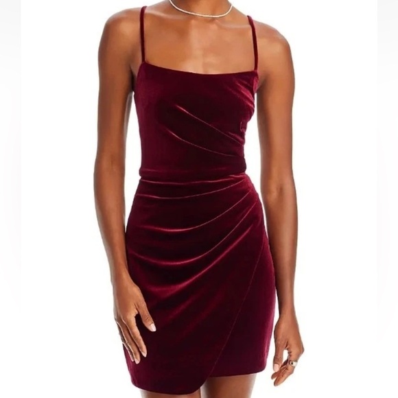 NWT AQUA Burgundy Velvet Sleeveless Ruched Body Zip Back Mini Dress Size 6 - Picture 6 of 6